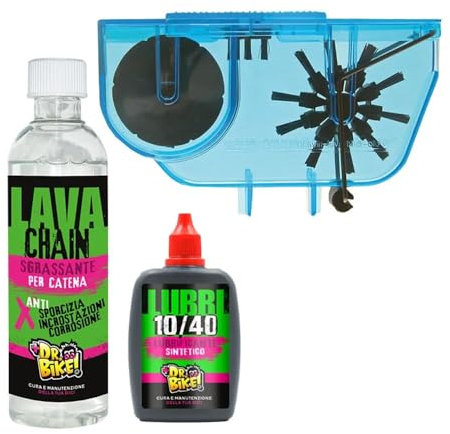 DR. BIKE Kit manutenzione bike. Kit pulizia bici e mtb per catena con macchinetta lavacatena, sgrassante catena 250ml, lubrificante sintetico catena bicicletta 75ml. Pulisci catena bici professionale.