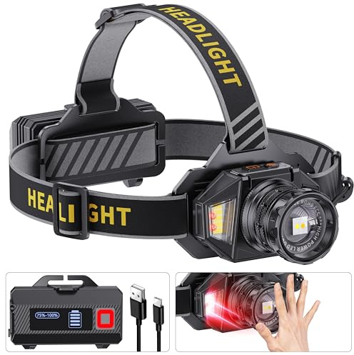 LJCMN Lampe frontale LED rechargeable, 99 000 super lumineuse, blanc/rouge/chaud avec détecteur de mouvement, autonomie de 95 h et étanchéité IPX7, phare réglable à 90° pour extérieur, casque de