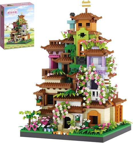 Magisches Blumenhaus Baustein Sets, 3350 Teile Modular Haus Bausteine Bausatz, Architektur Haus Bausteine Stadthaus Modell, Kirschblüten Baum Haus Modellbausatz Geschenk für Teens