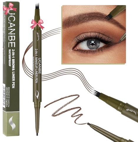 UCANBE Eyebrow Pen, Dual-Ended Eyebrow Pencil with 4-Fork-Tip & Gel Eyeliner for Women, Eye Brow Pen with Gel Eyeliner Pencil, Microblading Eyebrow Pencils with Hair Like Strokes, Light Brown