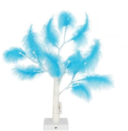 SHATCHI 55cm Light Blue Feather Tree Table Lamp Warm White LEDs Lighted Pampas Tree – Battery-Operated Decorative Night Light for Christmas, Home, Events, Holiday Decorations