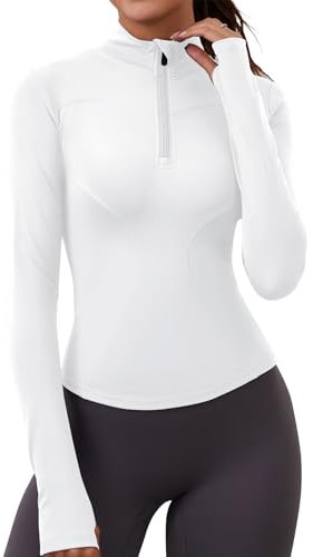 iWoo Women Running Jacket Half Zip Thermal Running Tops Womens Long Sleeve Workout T-Shirt Running Top 1/4 Zip Sport Jacket Base Layer with Thumb Holes Running Shirt for Hiking Cycling White L