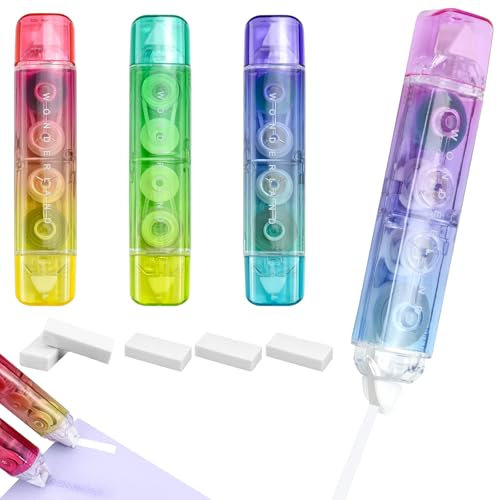 EUIEUT 4 Stück Korrekturroller Korrekturmaus 5mm*400cm mini Korrekturmaus mit Schutzkappe Doppelkopf 2 in 1 Korrekturband 5mm*300cm Kleberoller Korrekturroller Maus mit 5 Radiergummi für Office Schule