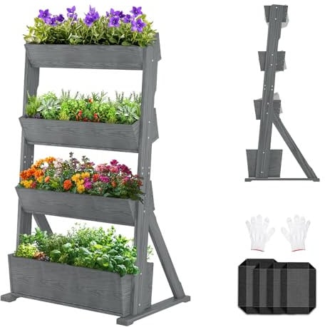 SUNYRISY Holz Hochbeet Vertikalbeet Premium Blumenkasten Balkon, 4 Etagen Outdoor Blumentreppe Pflanztreppen Gemüsebeet Kräuterbeet Mit Etagen Gartenvlies, Garten Terrasse Dekoration, Grau