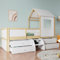 Arhatreya Kinderbett 90x200 cm, Hausbett mit Dach und Fenster, Holzbett mit 4 Schubladen und kleine Treppe, Vierseitiger Zaun, Bett für Kinder Jugendliche (Ohne Matratze) Weiß+Natur Kiefer