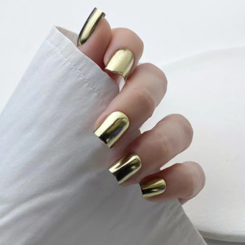 Chrome False Nails Short, SXVME Metallic Light Gold Press On Nails Short Square, Glitter Shine Fake Nails Glue on Nails Cute, Mirror Acrylic Stick on Nails for Women Daily & Party Wear