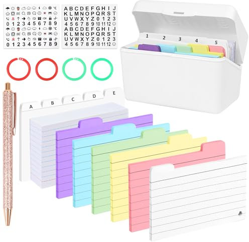 15 x 9,5 x 8,5 cm Karteikarten Box mit 200 Weiße Index Cards, 150 karteikarten Bunt, 10 PP-Indexkarten, 2 Buchstaben Aufkleber, 4 Ringe für Karteikarten, Lernkarteibox für Vokabeln und Formeln