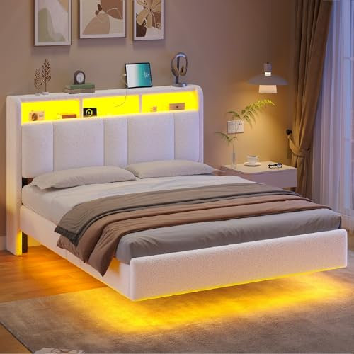 AOGLLATI Bett 140 x 200 cm, Polsterbett mit Ladestation und LED-Beleuchtung, Doppelbettgestell mit Stauraum Kopfteil, Bettgestell mit Lattenrost ohne Matratze,Schwebender visueller Effekt,Bouclé,Beige