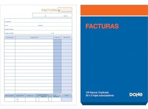 Dohe - Carnets de factures (10 unités) - 50 feuilles dupliquées (50 feuilles avec 1 copie), format A6 10,5 x 15 cm, pages micro-perforées, TVA et supplément équivalent, langue espagnole, matériel de