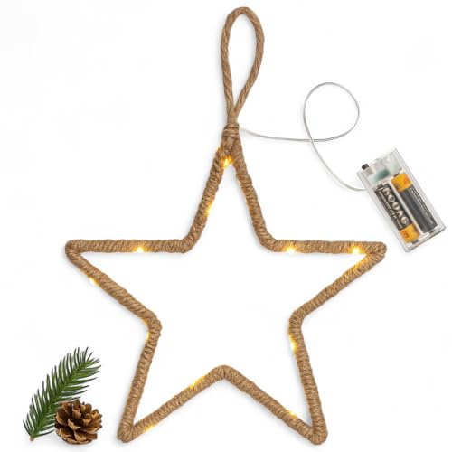 MIJOMA LED Weihnachtsdeko zum Hängen aus Metall & Jute mit Timer - rustikale Winterdeko mit Lichterkette - batteriebetrieben (Stern: ca. Ø 20 cm)