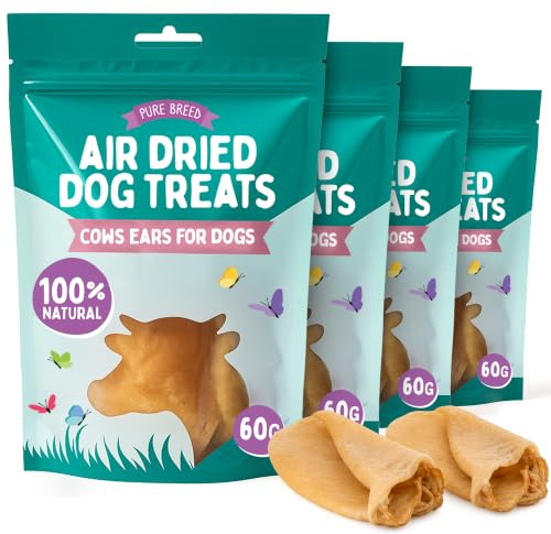 Pure Breed 4pk Cow Ears for Dogs Natural Dog Treats 240g | Natural Dog Treats For Large Dogs Made From 100% Single Ingredient Cow Ears, Long Lasting Dog Chews For Dogs Multipack 4x60g