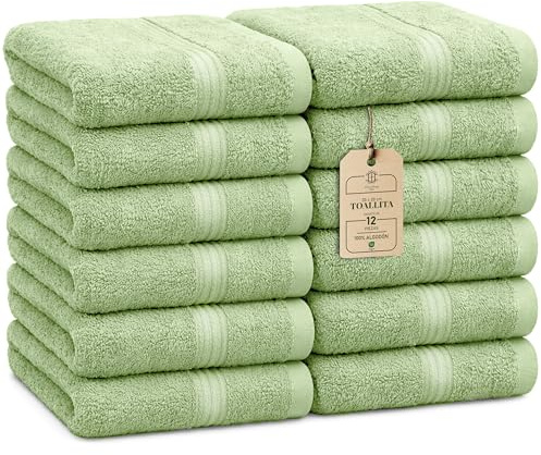 HomeBurg Luxe Set de 12 Toallas de Mano (Gants de Toilette) – 100% Algodón, Suaves & Absorbentes, Fáciles de Mantener, Premium para el Rostro, 30×30 cm, Verde Salvia