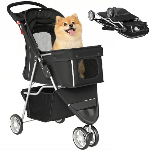 PawHut Hundewagen Hundebuggy Faltbar bis 10kg für kleine Hunde Schwarz | Katzenwagen, Verstellbares Verdeck, Aufbewahrungskorb, Getränkehalter, Atmungsaktives Mesh, Haustierbuggy