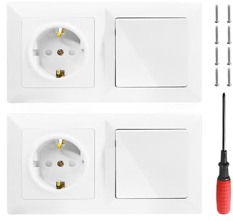 2 Piezas Enchufe con Interruptor y Marco 16A 250V Interruptor de luz | con Enchufe-de-Parerd Empotrable Todo en uno Toma de Corriente Empotrada con Marco Base de Enchufes para Cocinas Salón-Blanco
