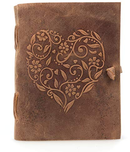 moonster Leder Notizbuch mit Prägung Motiv Herz Din A5 240 Seiten aus blanko säurefreiemBaumwollpapier | Handgemachtes retro Tagebuch, Journal, Skizzenbuch, Handlettering Buch, Fotoalbum