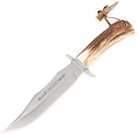 Muela Cuchillo de caza GRED-17 con hoja de acero inoxidable MoVa de 17 cm y empuñadura de asta de ciervo para Caza, Pesca, Supervivencia y Bushcraft + Portabotellas de regalo