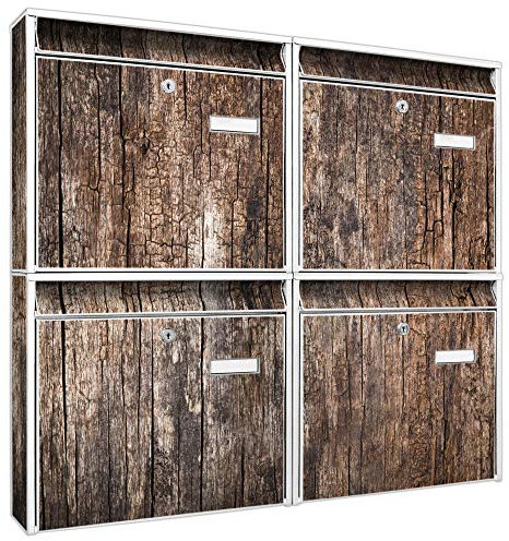 banjado Briefkastenanlage 4 Fach - Postkästen groß - verzinkter Stahl weiß DIN A4 Motiv Altes Holz - Briefkasten Set 4 Briefkästen Namensschild, 2 Schlüssel, Montagematerial