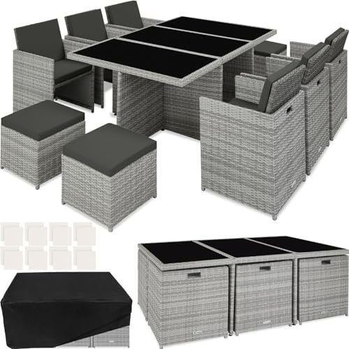 tectake Polyrattan Gartenmöbel Set, Sitzgruppe mit 6 Stühle +1 Glasplatte Tisch + 4 Hocker, Gartenlounge Set klappbar, bis zu 10 Personen, Balkon Möbel, inkl. 2 Bezugsset - hellgrau