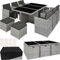 tectake Polyrattan Gartenmöbel Set, Sitzgruppe mit 6 Stühle +1 Glasplatte Tisch + 4 Hocker, Gartenlounge Set klappbar, bis zu 10 Personen, Balkon Möbel, inkl. 2 Bezugsset - hellgrau