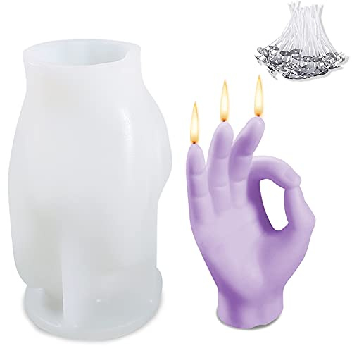 Kerzenform Silikon 3D OK-Handzeichen, wiederverwendbare Gießform zum Kerzen Gießen und Kerzen selber machen, mit 50 Kerzendochten, DIY Silikonform für Seife, Harz, Gips, Deko und Handgeste