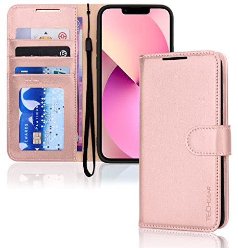 TECHGEAR iPhone 13 Mini Leather Wallet Case, Flip Protective Case Cover with Wallet Card Holder, Stand and Wrist Strap - Pink PU Leather with Magnetic Closure Designed for iPhone 13 Mini 5.4