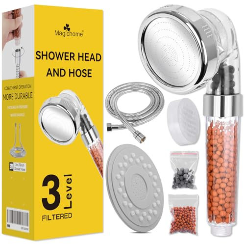 Magichome Shower Head and Hose 2m, 3 Modes High Pressure Filter Shower Head with 3-Layer Filtration, Universal Hard Water Filter Showehead for Low Water Pressure with Replaceable Beads