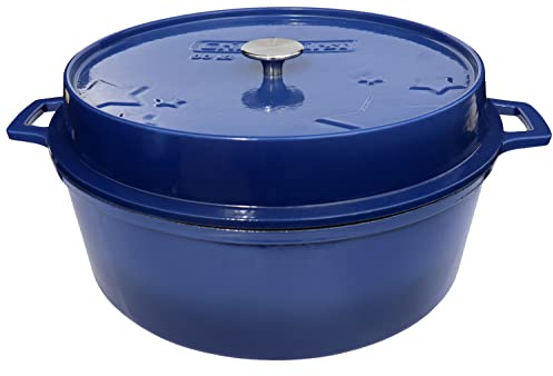 Grillfürst farbig emaillierter Dutch Oven ca. 12 Liter Fassungsvermögen - stabil stehender Gusseisentopf ohne Füße, blaue kratzfeste Emaillierung, multifunktional, ca. 20,5 x 46 cm, DO12