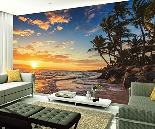 XAONUO Plage Papier Peint Intissé Tapisserie Murales Panoramique 3D Personnalisé Photo Mur Papier Peint Coucher De Soleil Plage Arbres 140X70Cm Murale Chambre Salon Canapé Papier Peint