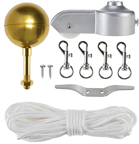 kleeklea Flag Pole Hardware Parts Repair Kits, Flag Pole Kit,Including 3 Topper Gold Ball+50 Ft Halyard Rope+Cleat Hook+4-Flag Swivel Snap Hooks+Flagpole Pulley Truck for 2 OD Tube