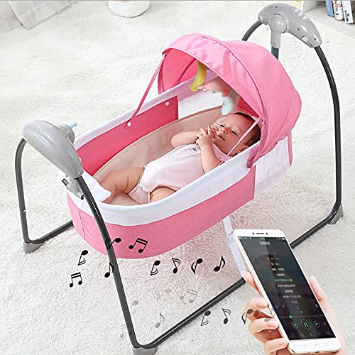 Babyschaukel, Tragbare Elektrische Babywippe mit Fernbedienung Automatik schaukel Elektrische Intelligenter Schaukelwiege 5-Gang Drei Modi Swing Babywiege ab der Geburt bis18kg (Rosa)