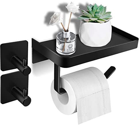 Toilet Roll Holder, Wenearn Self Adhesive Wall Mounted Toilet Paper Holder, Stainless Steel No Drill Toilet Roll Dispenser with Shelf, 2 Hooks for Bathroom Decoration
