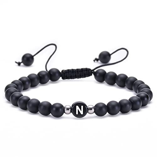 BCughia Armreifen, Armband Perlen Retro Schwarz Metalllegierung Beads Armband Rundschliff Achat Verstellbare Perlen mit Buchstabe N Schmuck 17cmx6mm