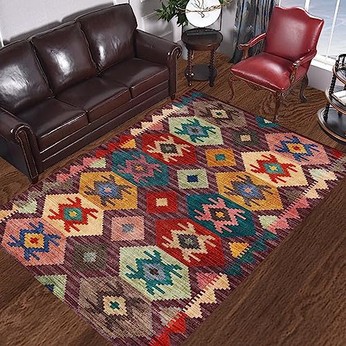 Rururug Tappeto, Brown,Rectangular 110 x 200 cm,Multicolore, Marrone, Verde smeraldo, Arancione, Giallo, Rosso, Rosa, Blu scuro, Motivo Patchwork Vintage Colorato,Soggiorno Camera da letto