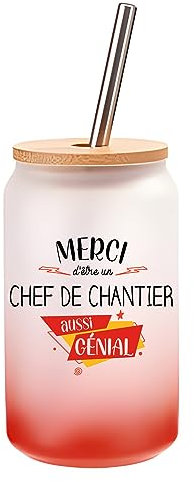 Planetee Verre Cocktail Merci Chef de Chantier Génial | Idée Cadeau Verre à Eau avec Paille