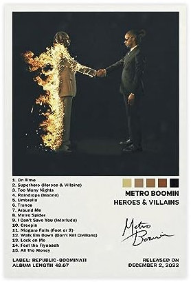 Metro Boomin Helden & Bösewichte Musikalbum-Poster, Leinwand-Poster, Wandkunst, Dekordruck, Bild, Gemälde für Wohnzimmer, Schlafzimmer, Dekoration, ungerahmt, 20 x 30 cm