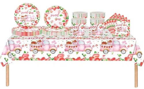 Vajilla de plástico para fiesta de cumpleaños con temática de fresa, platos de papel, servilletas y tazas, juego de vajilla desechable para niñas, primer cumpleaños, baby shower, suministros de