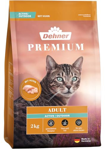 Dehner Premium Katzenfutter Active / Outdoor, Trockenfutter getreidefrei, für ausgewachsene Freigänger Katzen, Huhn, 2 kg