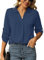 Odosalii Long Sleeve Tops V Neck Business Casual Blouse Plain Office Shirt Spring Chiffon Top Going Out UK Size 12 14, Dark Blue