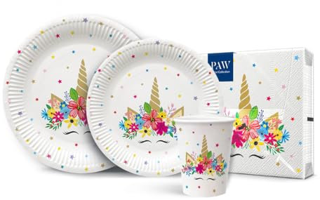 PAW - Vaisselle Jetable Anniversaire I Set de Fête pour 16 Personnes, 68 Pièces I 20 x Serviettes en Papier, 32 x Assiettes en Carton, 16 x Gobelets en Carton I Étoiles Colorées de Fête de Licorne