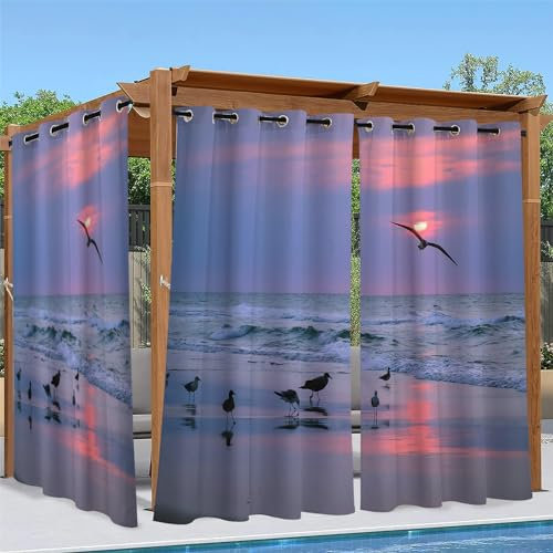Outdoor Vorhang Wetterfest, Strand Outdoor Vorhänge Wasserdicht mit Ösen Sonnenuntergang Sichtschutz Outdoor Gardinen für Draussen Terrasse Balkon Pavillon Garten Pergola 2er Set B 132 x H 213 cm