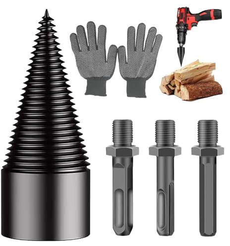Holzspalter 42mm, Kegelspalter mit 3 Bohrgriffe und 1 paar Handschuhe, Holzspalter Bohrer, Festberg Bohrer Holzspalter, für alle Bohrmaschine Holzschneider, Gärtner und Holzfäller