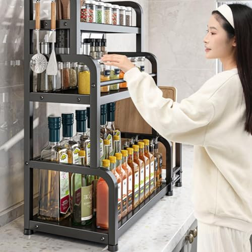 OSKOPWRC Spice Rack Standing, 3 Tier Metal Standing Kitchen Storage Organiser Shelf, Coffee Organiser with Utensil Holder, Chopping Board Holder, Chopsticks Spoon Rack, with 5 Hooks Triple Shi
