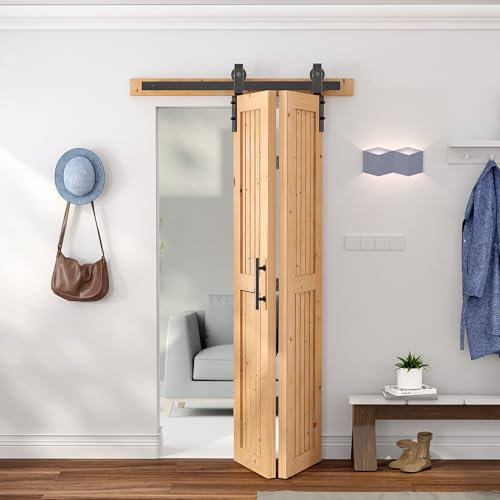 SANKEYTEW 213x91CM Falttür mit 40/102CM Schiebetürbeschlag für 2 Türen,Schiebetür Komplettset Mitgelieferte Doppelseitige Griffstangen,Montagefreie Massivholz-Türblätter aus Fichte