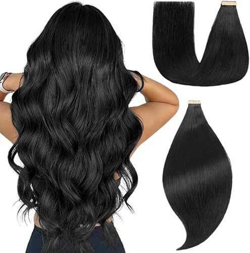 EINbeauty Tape Extensions Echthaar 20pcs Extensions Echthaar 50cm 50g Tief Schwarz Tape In Extensions Echthaar Invisible Echthaar Extensions Tape Glatt Haarverlängerung Für Frauen(20inch,1#)