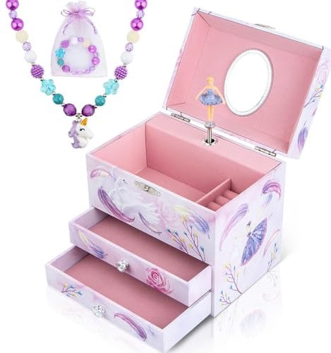 Anyiner Ballerina Schmuckkästchen für Mädchen, Kinder Spieluhr mit drehender Ballerina, 2 Schubladen und Einhorn Schmuckset, Musikkästchen Geschenk für Kinder Mädchen
