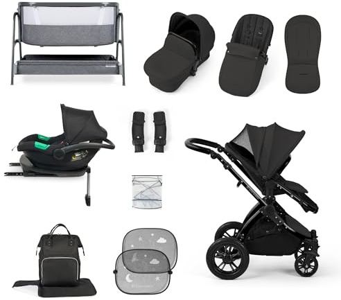 Ickle Bubba Stomp Luxe i-Size Cirrus Travel & Home 14-Piece Bundle with ISOFIX Base & Bubba&Me Bedside Crib – All-Terrain Pushchair with Accessories, Birth to 4 Years* (Black/Charcoal Grey/Black)