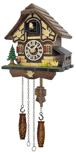 Kuckucksuhr mit Hühnerfamilie – Deutschland-Stil Bauernhaus-Wanduhr aus Holz mit Hahn, Henne & Küken – 12 Melodien, Lautstärkeregler, Nachtmodus – Herzliches Geschenk für Mutter, Kinder, Lieben (20,6