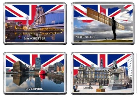 Set Of 4 England Fridge Magnets S026 – Manchester,Liverpool,Leeds,Newcastle,United Kingdom Cities, Landmarks, Attractions Refrigerator Magnet