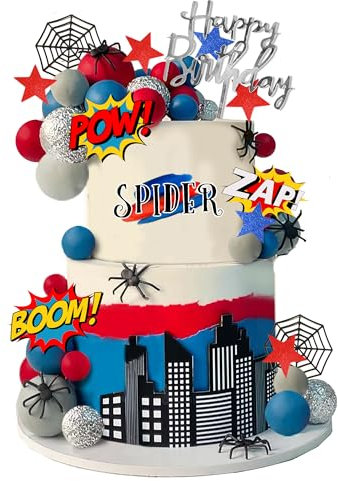 Spider Cake Topper with Spiders Webs Balls Stars Building Happy Birthday Cake Decorations for Boys Men Birthday Party Baby Shower Supplies