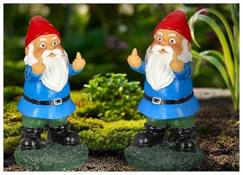 WESTCRAFT Lot de 2 nains de jardin avec doigt d'honneur - 15 x 7 cm - Multicolore - Nain de jardin avec doigt d'honneur - Mettez un nain grossier dans le jardin (2 nains de jardin coquins)